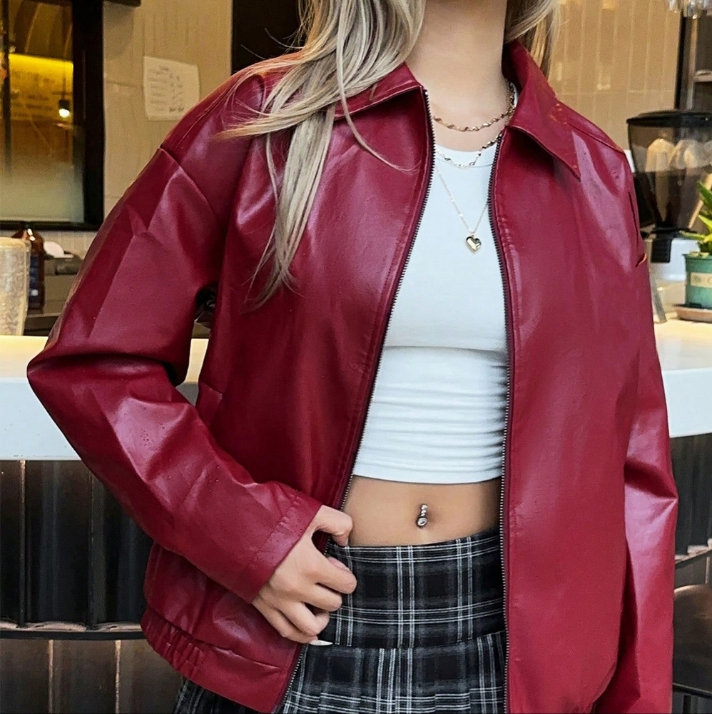 Casual Off-Shoulder Zipped PU Leather Coat - Picture 2 of 4